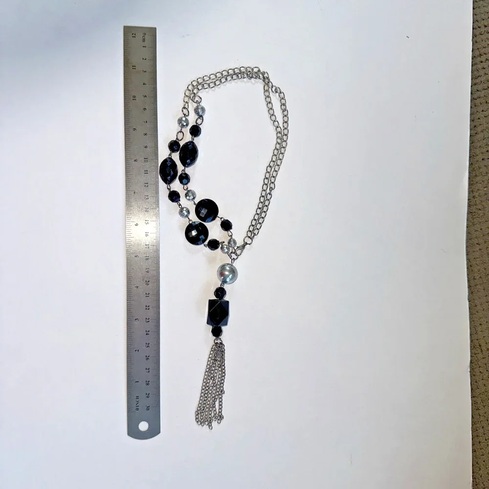 Unbranded Y-Drop Necklace Women OS Black Silver Excellent Tassel Beaded Art Deco